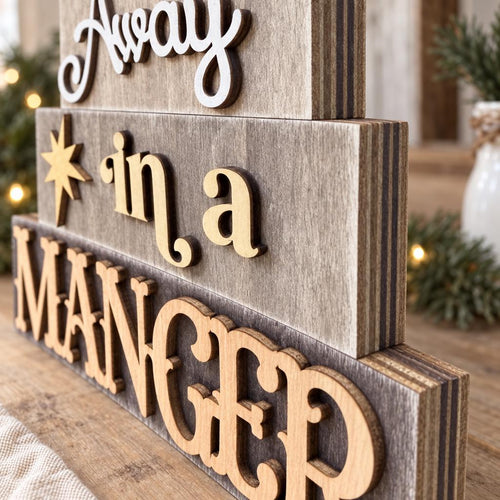Away in a Manger Stacked Wood Block Sign, Rustic Christmas Nativity Shelf Sitter, Mantel Decor - TheGrumpyRooster
