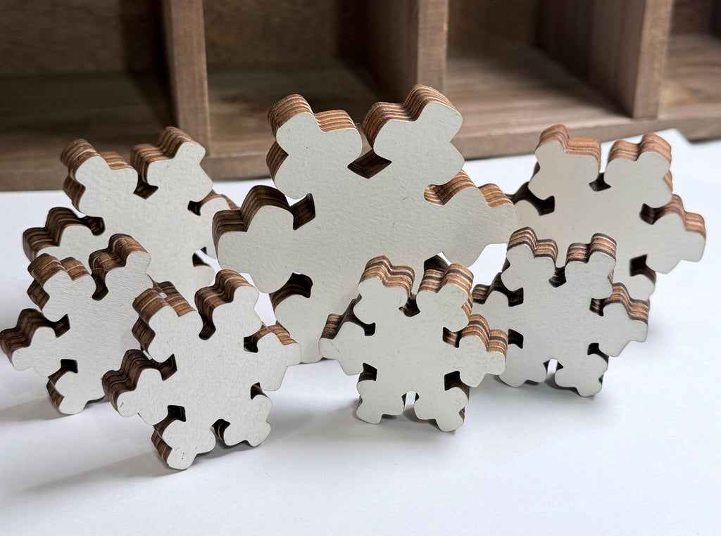 White Wood Snowflake Set of 7, Chunky Layered Snowflake Shelf Sitters, Farmhouse Winter Tiered Tray Decor, Rustic Christmas Mantel