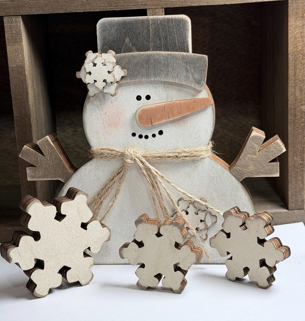 Mini Wood Snowflake Set of 3, Distressed White Chunky Snowflakes, Snowman Shelf Sitter Add-On, Rustic Winter Tiered Tray Decor