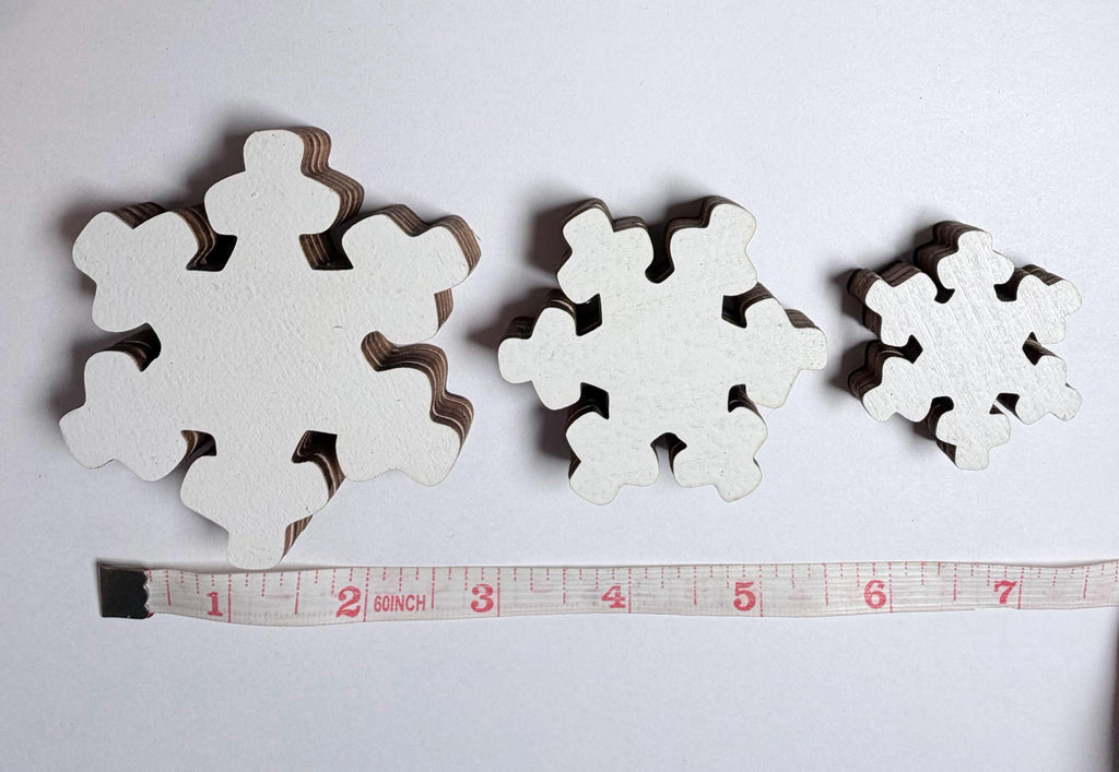 White Wood Snowflake Set of 7, Chunky Layered Snowflake Shelf Sitters, Farmhouse Winter Tiered Tray Decor, Rustic Christmas Mantel