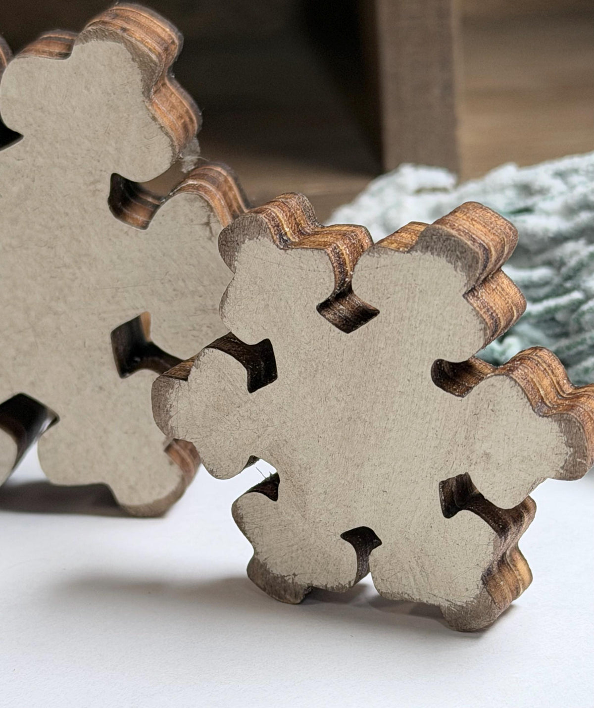 Mini Wood Snowflake Set of 3, Distressed White Chunky Snowflakes, Snowman Shelf Sitter Add-On, Rustic Winter Tiered Tray Decor