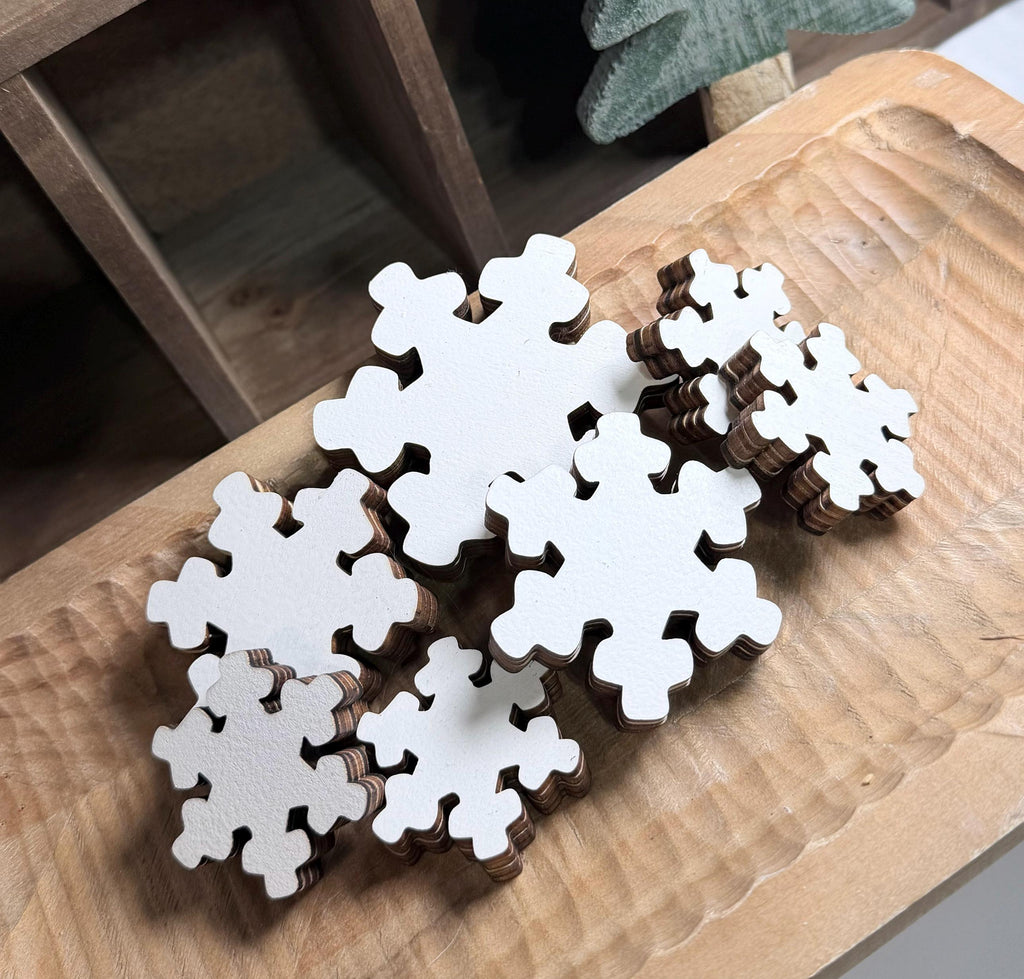 White Wood Snowflake Set of 7, Chunky Layered Snowflake Shelf Sitters, Farmhouse Winter Tiered Tray Decor, Rustic Christmas Mantel