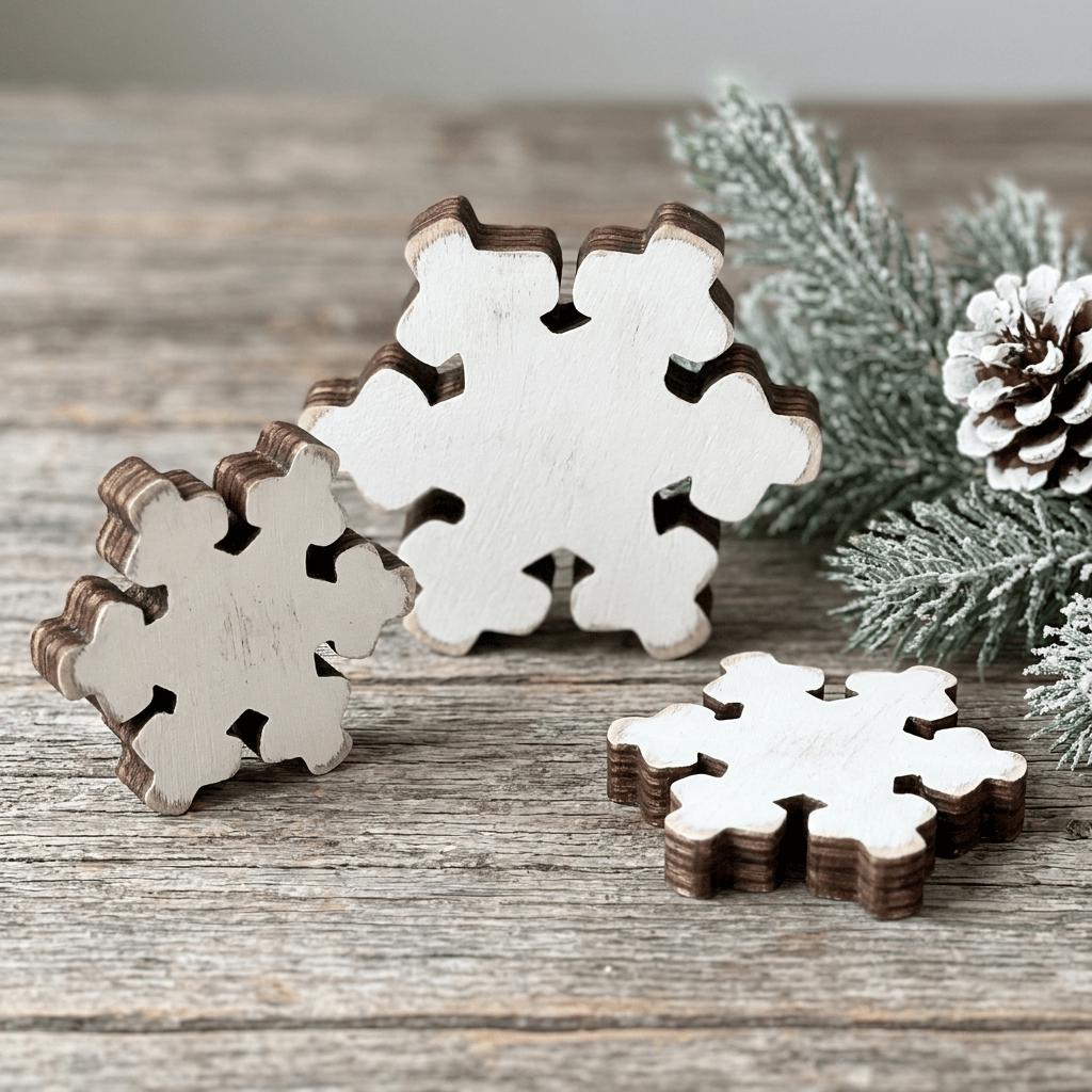 Mini Wood Snowflake Set of 3, Distressed White Chunky Snowflakes, Snowman Shelf Sitter Add-On, Rustic Winter Tiered Tray Decor