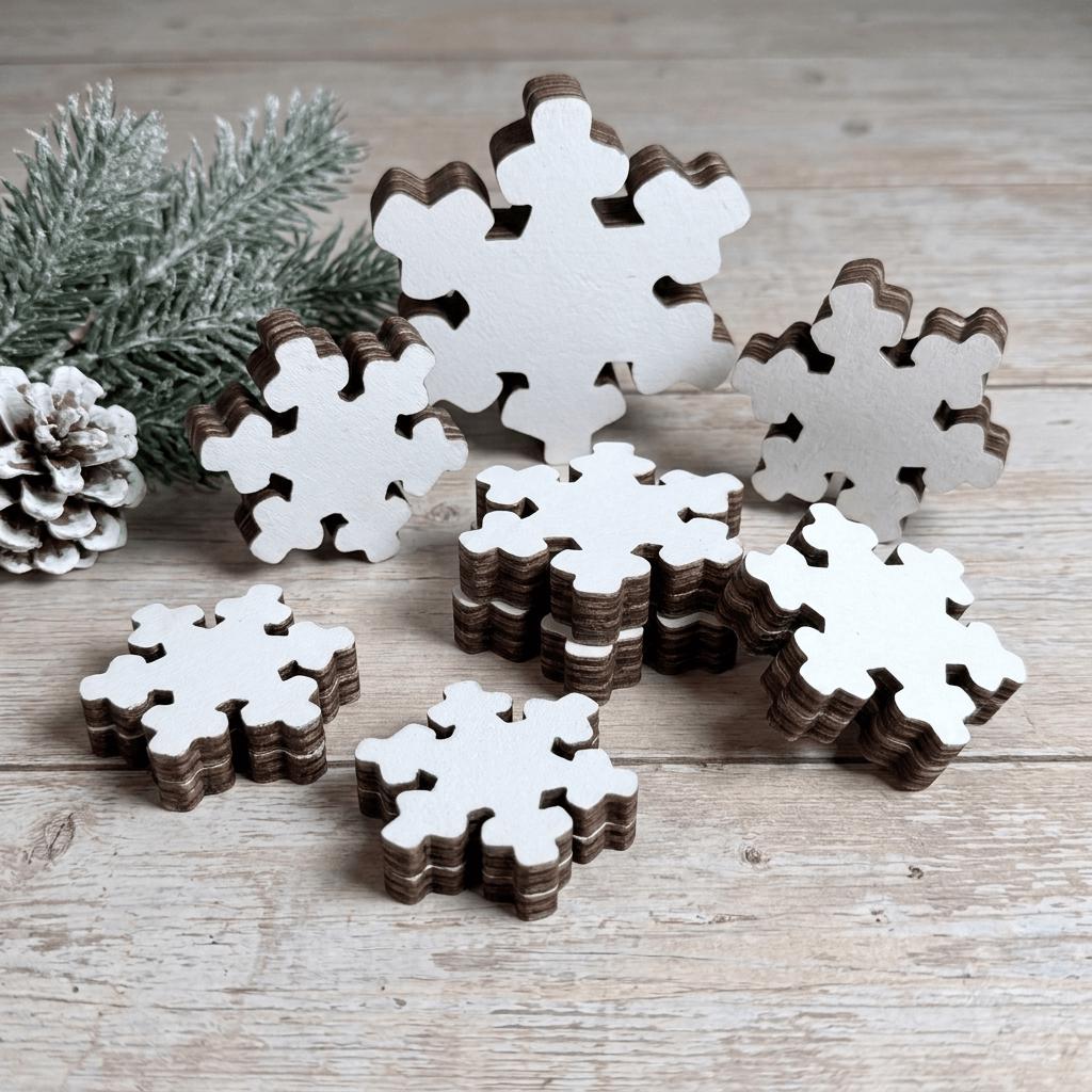 White Wood Snowflake Set of 7, Chunky Layered Snowflake Shelf Sitters, Farmhouse Winter Tiered Tray Decor, Rustic Christmas Mantel