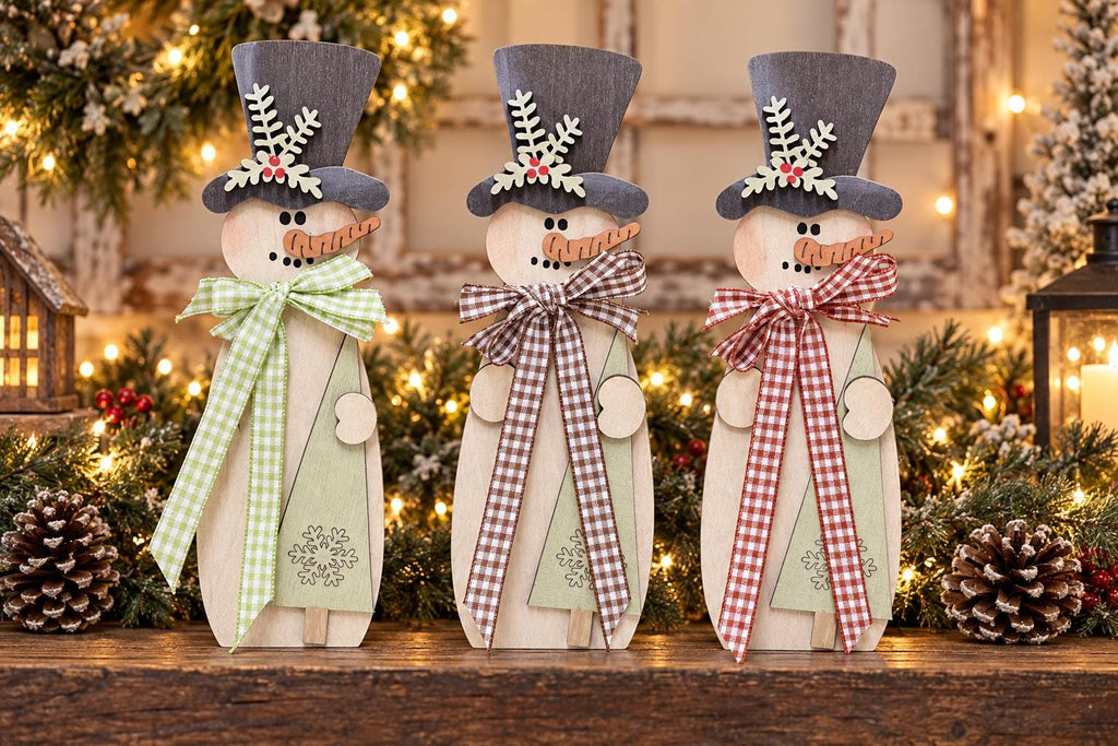 Wood Snowman Shelf Sitter, Large Freestanding Snowman with Top Hat, Rustic Farmhouse Christmas Mantel Decor, Red Green Brown Gingham