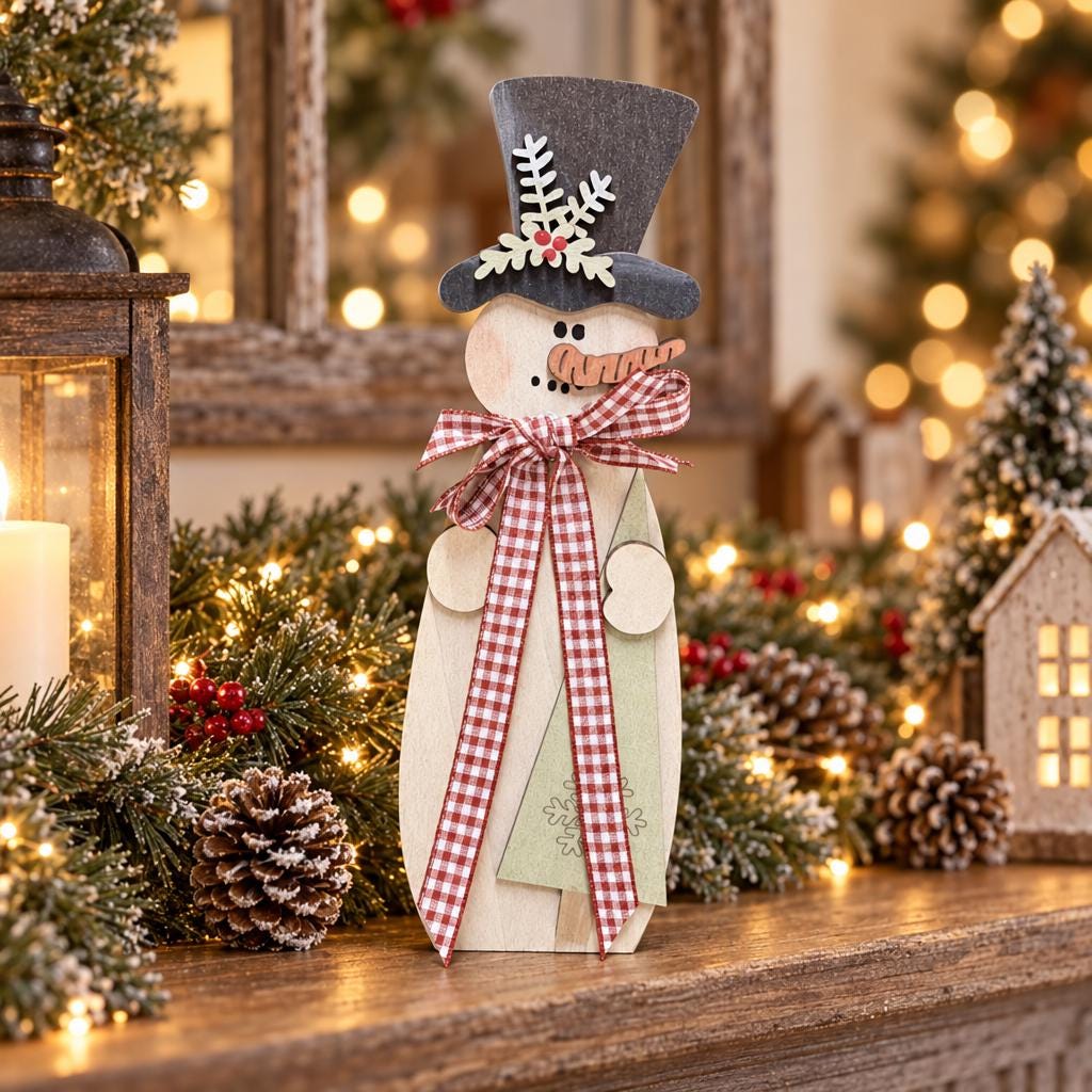 Wood Snowman Shelf Sitter, Large Freestanding Snowman with Top Hat, Rustic Farmhouse Christmas Mantel Decor, Red Green Brown Gingham