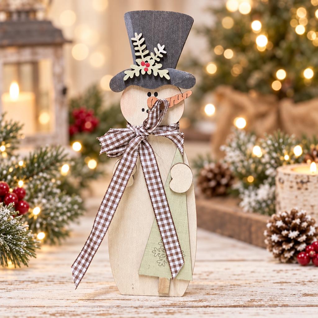 Wood Snowman Shelf Sitter, Large Freestanding Snowman with Top Hat, Rustic Farmhouse Christmas Mantel Decor, Red Green Brown Gingham