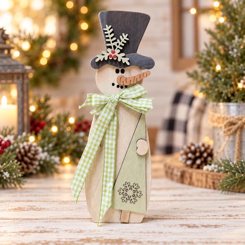 Wood Snowman Shelf Sitter, Large Freestanding Snowman with Top Hat, Rustic Farmhouse Christmas Mantel Decor, Red Green Brown Gingham