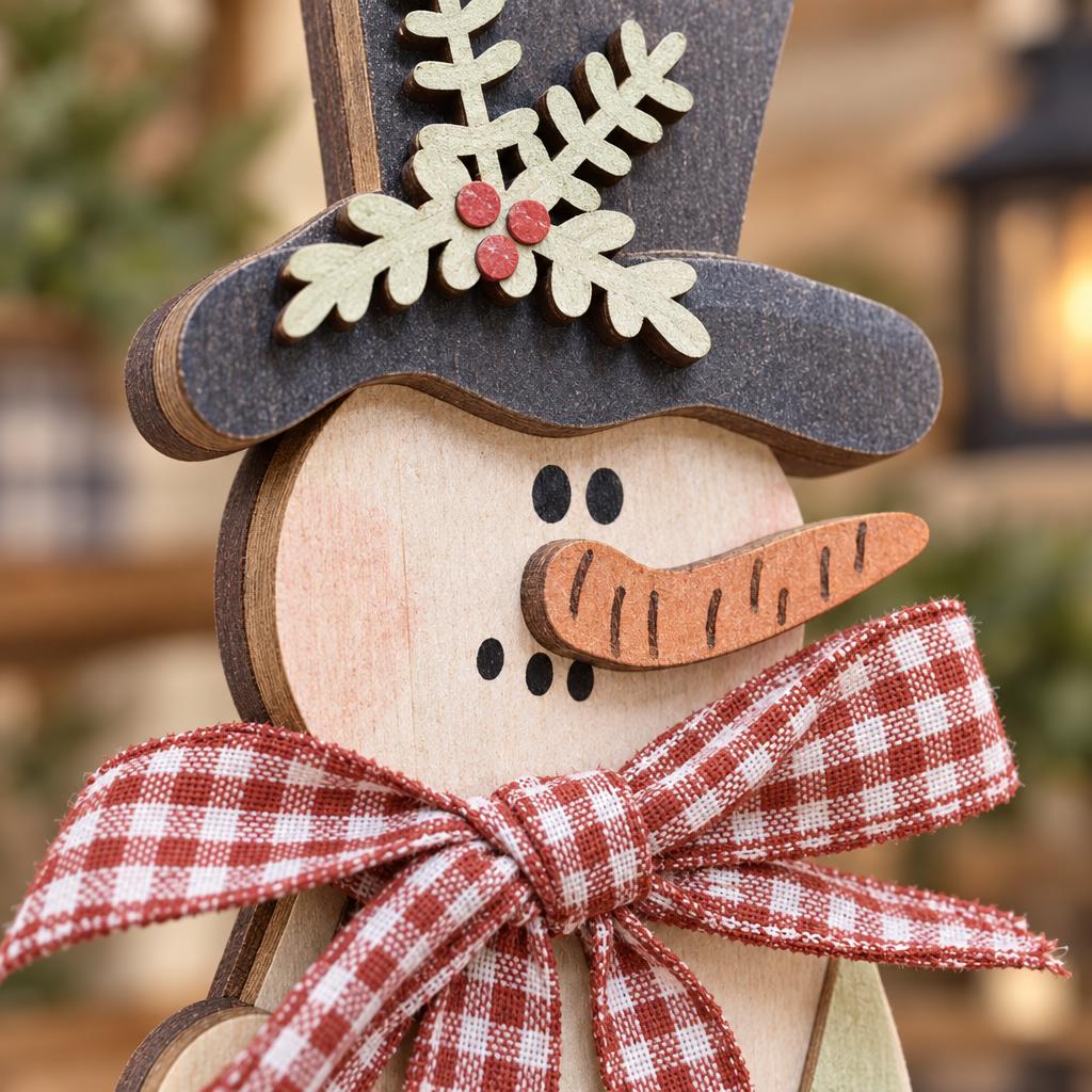 Wood Snowman Shelf Sitter, Large Freestanding Snowman with Top Hat, Rustic Farmhouse Christmas Mantel Decor, Red Green Brown Gingham