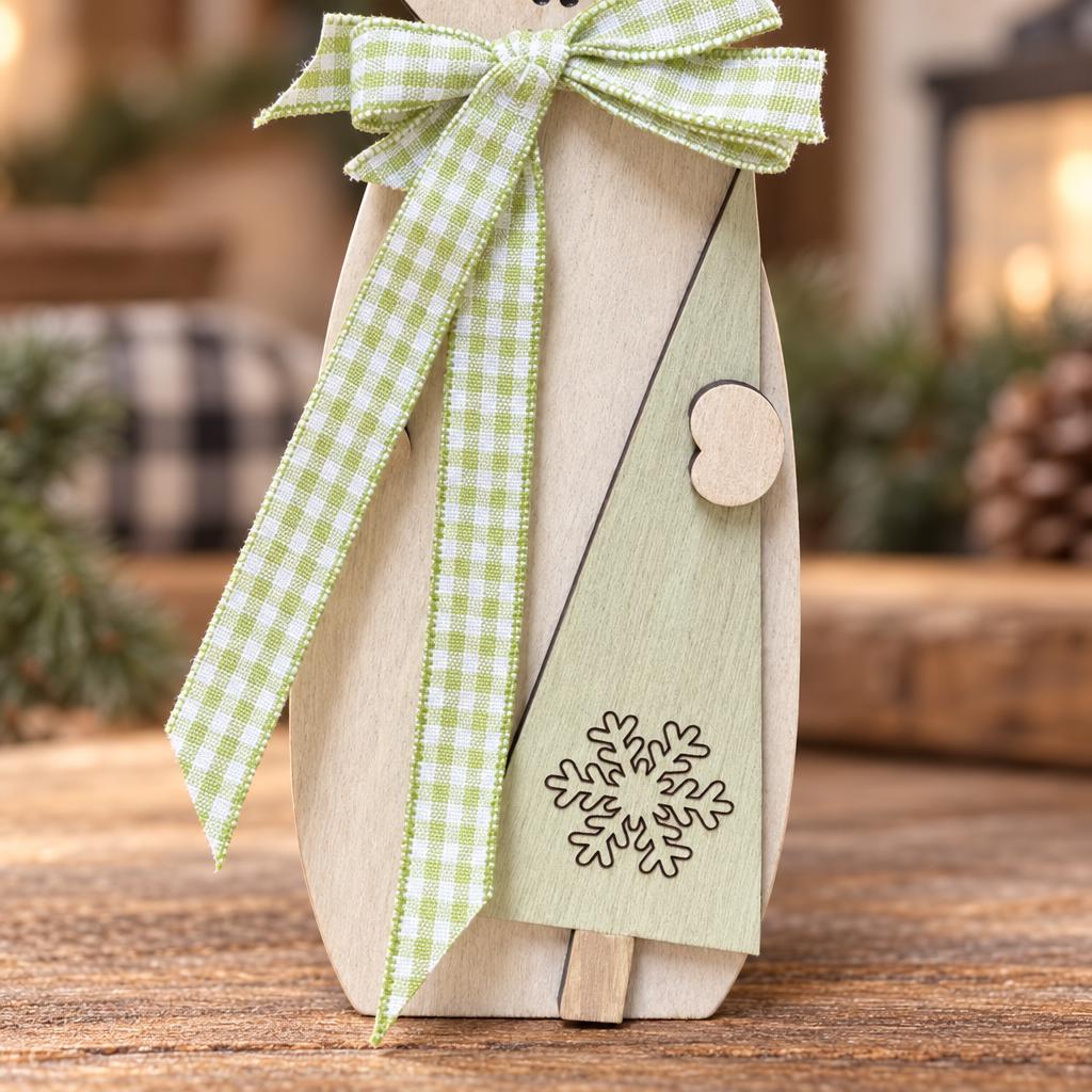 Wood Snowman Shelf Sitter, Large Freestanding Snowman with Top Hat, Rustic Farmhouse Christmas Mantel Decor, Red Green Brown Gingham