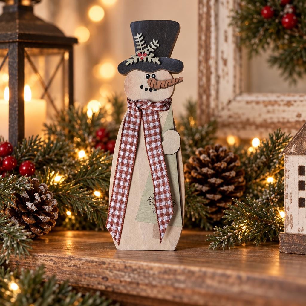 Wood Snowman Shelf Sitter, Small Freestanding Snowman with Top Hat, Rustic Farmhouse Christmas Decor, Gingham Scarf, Red Green Brown