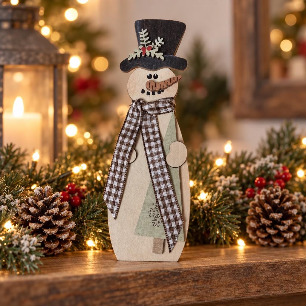 Wood Snowman Shelf Sitter, Small Freestanding Snowman with Top Hat, Rustic Farmhouse Christmas Decor, Gingham Scarf, Red Green Brown