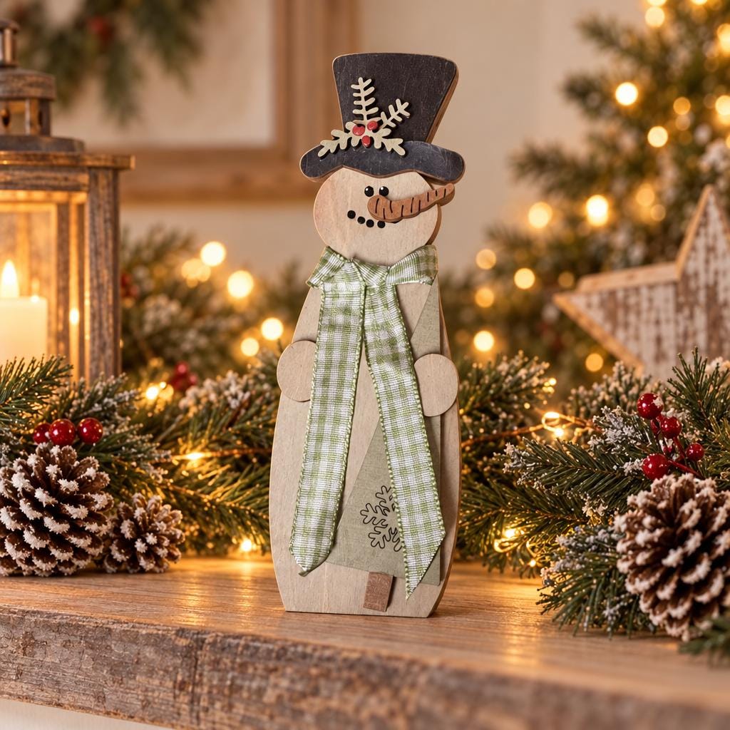 Wood Snowman Shelf Sitter, Small Freestanding Snowman with Top Hat, Rustic Farmhouse Christmas Decor, Gingham Scarf, Red Green Brown