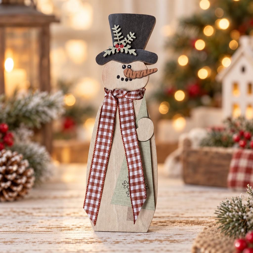 Wood Snowman Shelf Sitter, Small Freestanding Snowman with Top Hat, Rustic Farmhouse Christmas Decor, Gingham Scarf, Red Green Brown