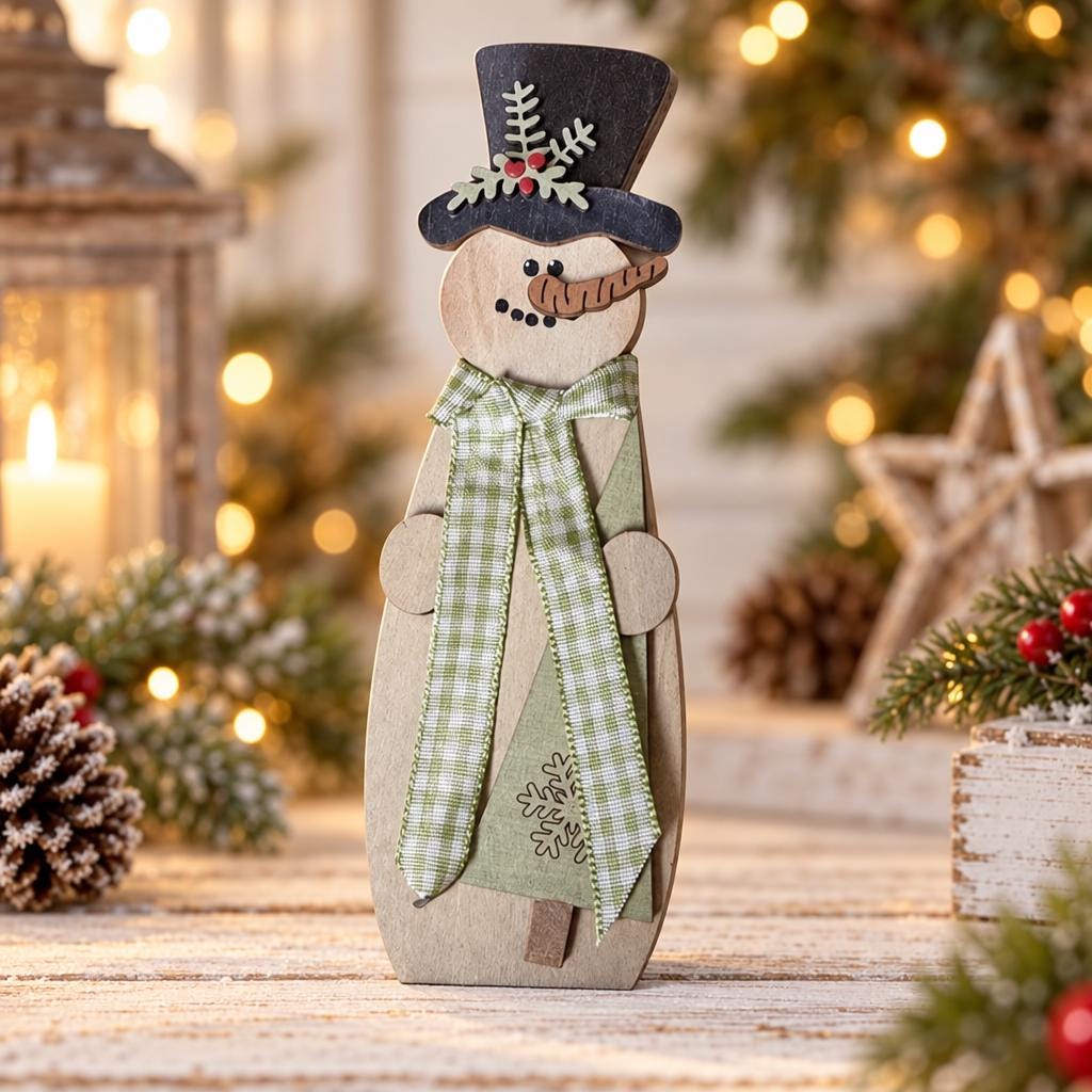 Wood Snowman Shelf Sitter, Small Freestanding Snowman with Top Hat, Rustic Farmhouse Christmas Decor, Gingham Scarf, Red Green Brown