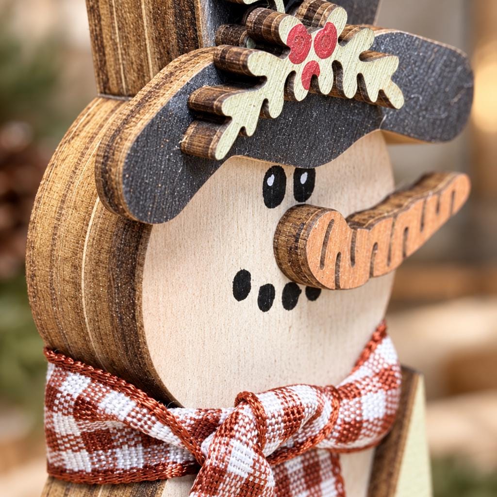 Wood Snowman Shelf Sitter, Small Freestanding Snowman with Top Hat, Rustic Farmhouse Christmas Decor, Gingham Scarf, Red Green Brown