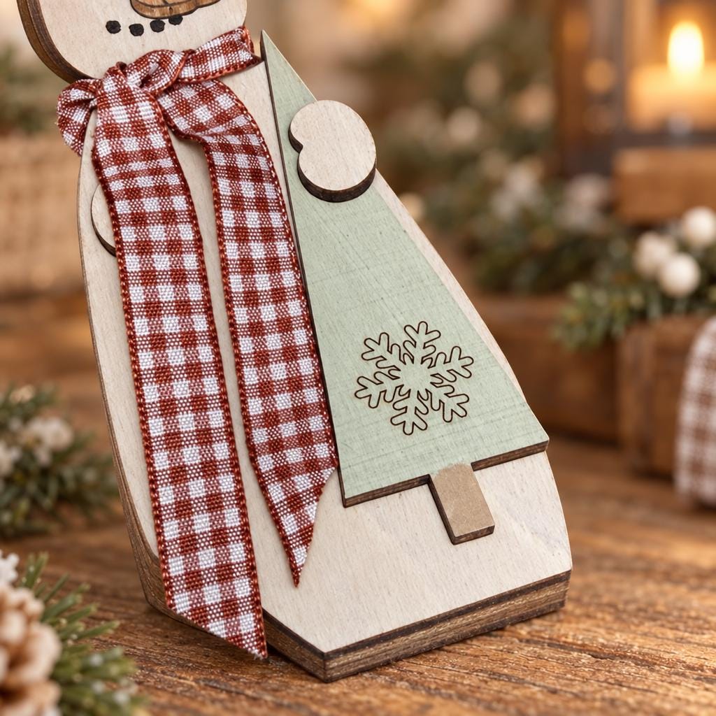 Wood Snowman Shelf Sitter, Small Freestanding Snowman with Top Hat, Rustic Farmhouse Christmas Decor, Gingham Scarf, Red Green Brown