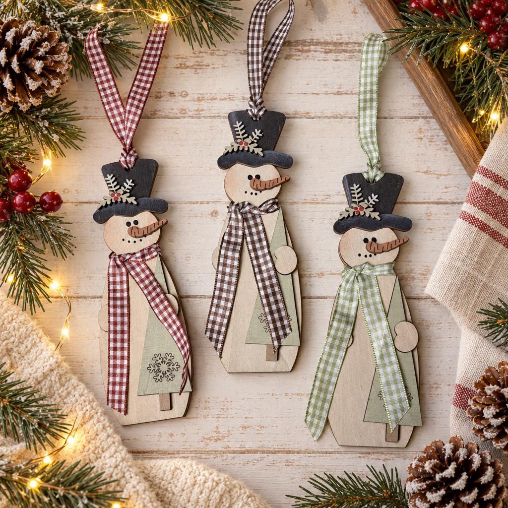 Wood Snowman Ornament, Layered Top Hat Snowman Christmas Tree Ornament, Rustic Farmhouse Christmas Decor, Gingham Scarf Red Green Brown