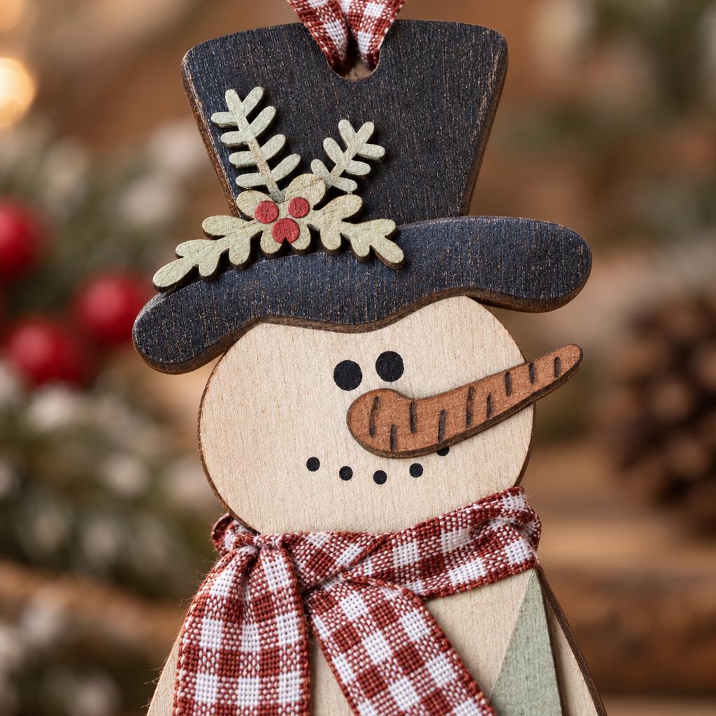Wood Snowman Ornament, Layered Top Hat Snowman Christmas Tree Ornament, Rustic Farmhouse Christmas Decor, Gingham Scarf Red Green Brown - TheGrumpyRooster