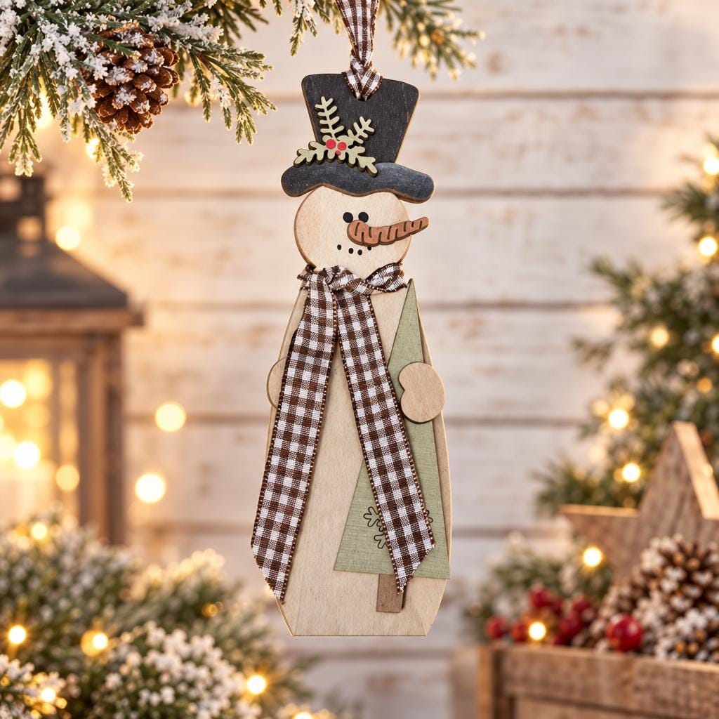 Wood Snowman Ornament, Layered Top Hat Snowman Christmas Tree Ornament, Rustic Farmhouse Christmas Decor, Gingham Scarf Red Green Brown - TheGrumpyRooster