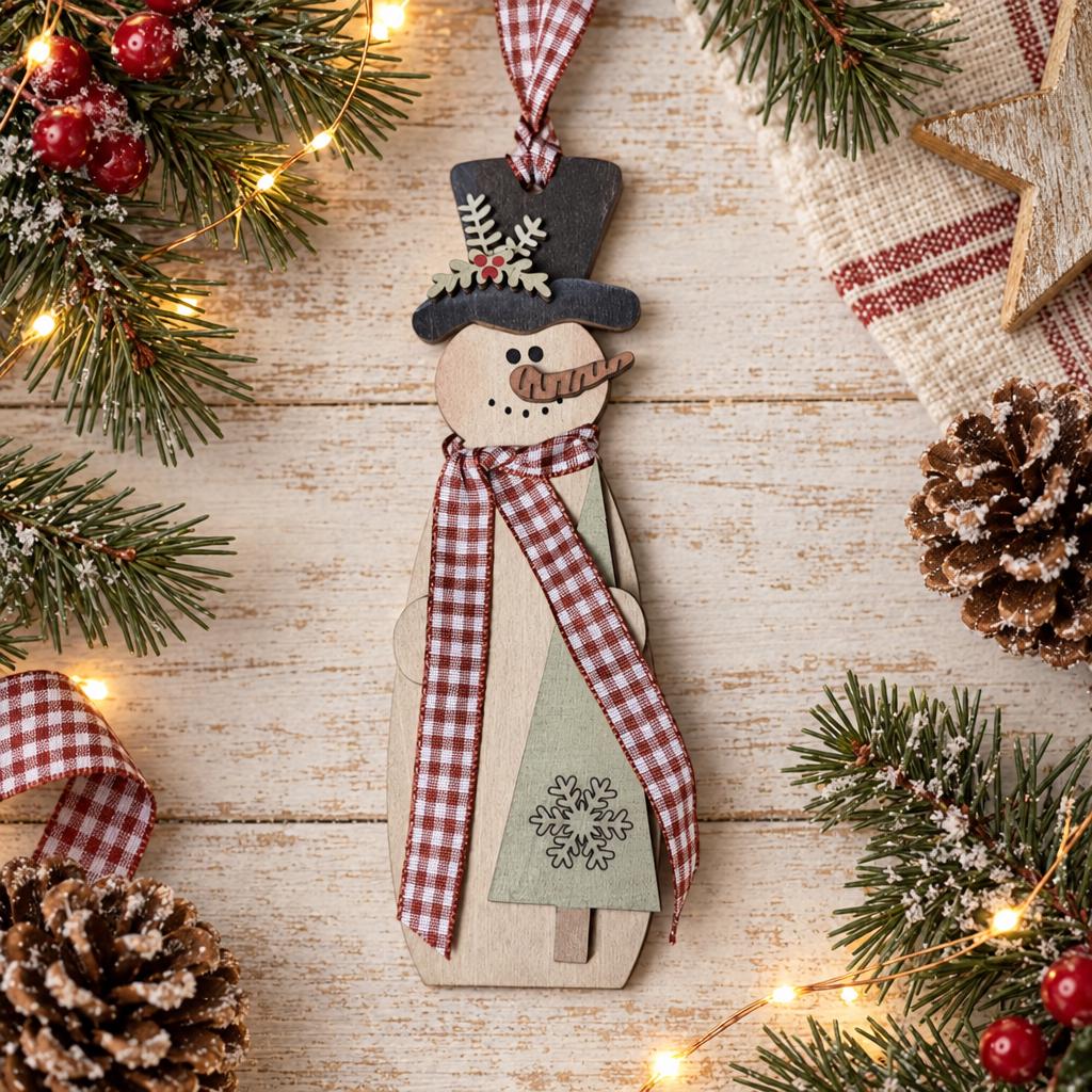 Wood Snowman Ornament, Layered Top Hat Snowman Christmas Tree Ornament, Rustic Farmhouse Christmas Decor, Gingham Scarf Red Green Brown - TheGrumpyRooster