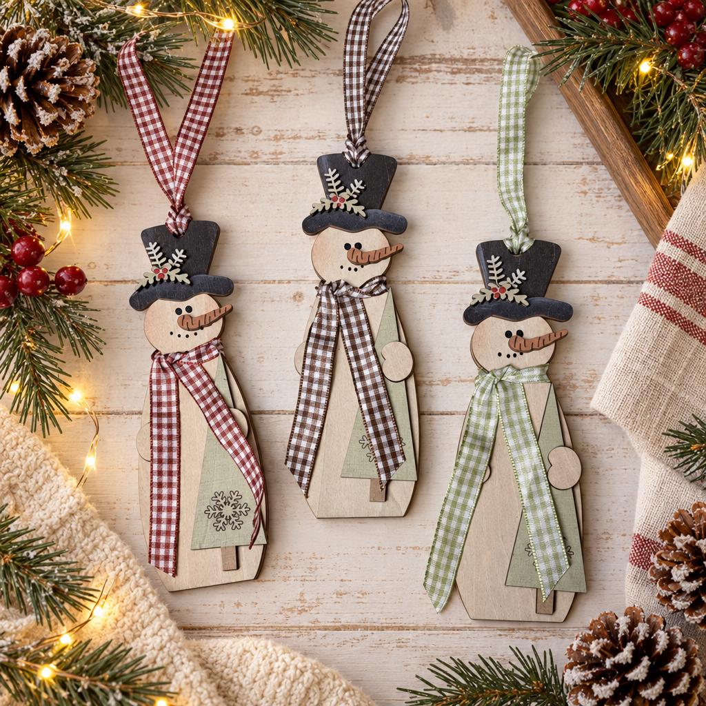 Wood Snowman Ornament, Layered Top Hat Snowman Christmas Tree Ornament, Rustic Farmhouse Christmas Decor, Gingham Scarf Red Green Brown - TheGrumpyRooster