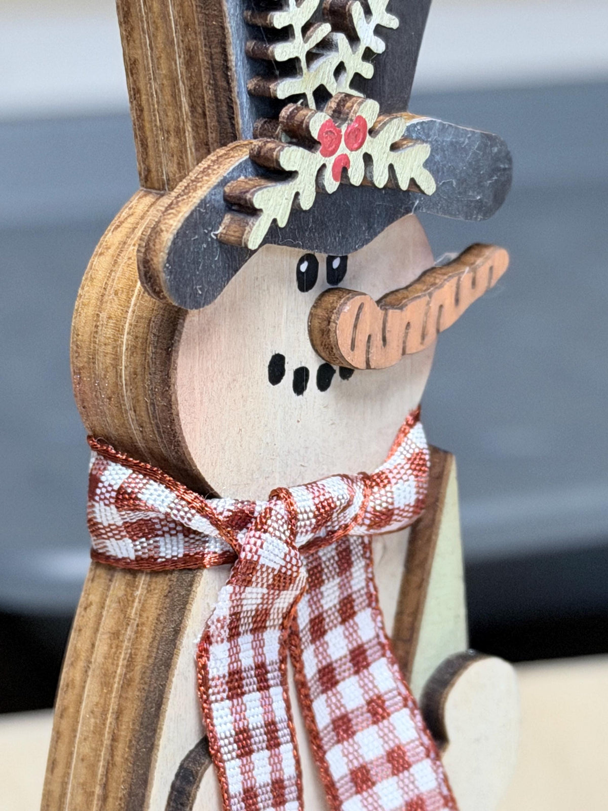 Wood Snowman Ornament, Layered Top Hat Snowman Christmas Tree Ornament, Rustic Farmhouse Christmas Decor, Gingham Scarf Red Green Brown - TheGrumpyRooster