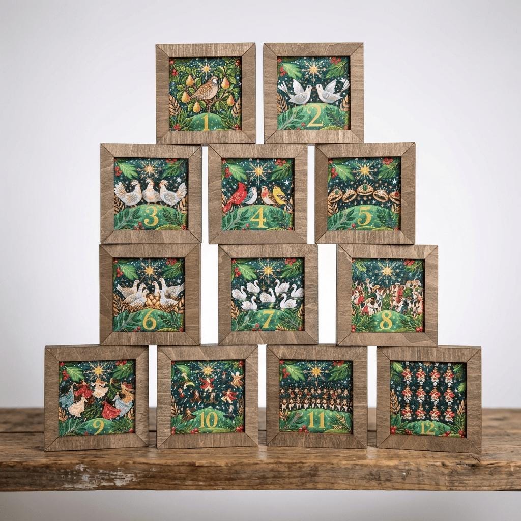 12 Days of Christmas Block Set, Bright Whimsical Twelve Days Blocks, Colorful 2.75 Inch Mini Shelf Sitters, Christmas Tiered Tray Decor