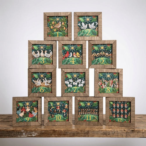 12 Days of Christmas Block Set, Bright Whimsical Twelve Days Blocks, Colorful 2.75 Inch Mini Shelf Sitters, Christmas Tiered Tray Decor