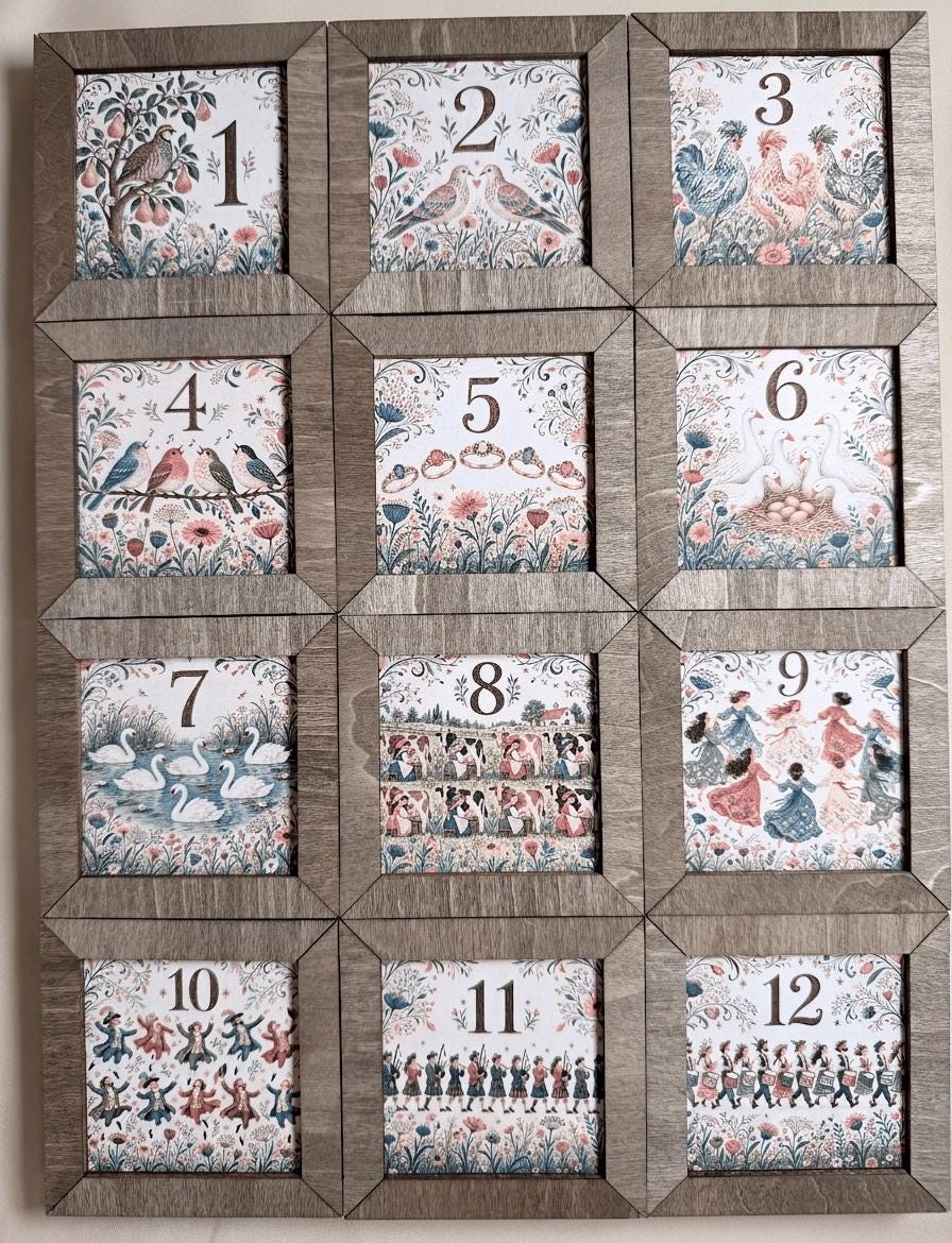 12 Days of Christmas Wood Block Set, Rustic Farmhouse Twelve Days Blocks, 2.75 Inch Mini Shelf Sitters, Christmas Tiered Tray Decor