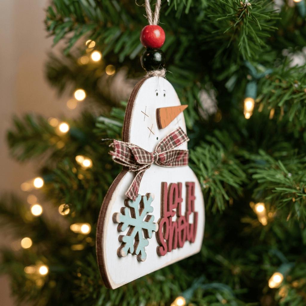 Let It Snow Wood Christmas Ornament, 4 Inch Rustic Beaded Tree Ornament, Farmhouse Winter Decor, Handmade Stocking Stuffer Gift