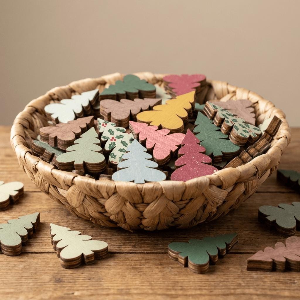 Mini Wooden Christmas Trees, Bulk 25 50 100, Mixed Color Chunky Tree Confetti, Bowl Filler, Table Scatter, Craft Supplies, 1.25 Inch