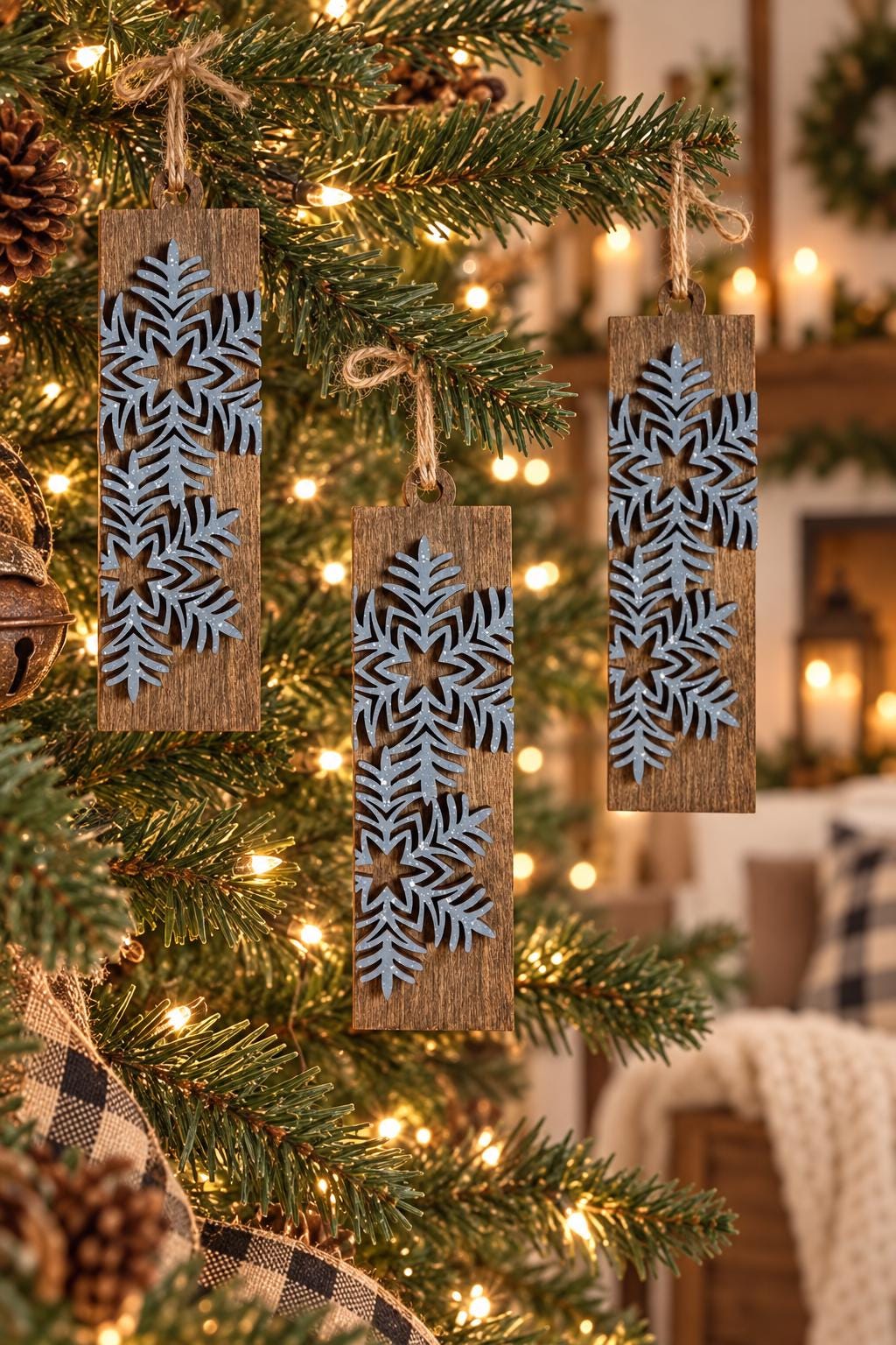 Blue Snowflake Ornaments Set of 8, Rustic Wood Christmas Tree Ornaments, Layered Winter Snowflake Decor, Farmhouse Holiday Gift - TheGrumpyRooster