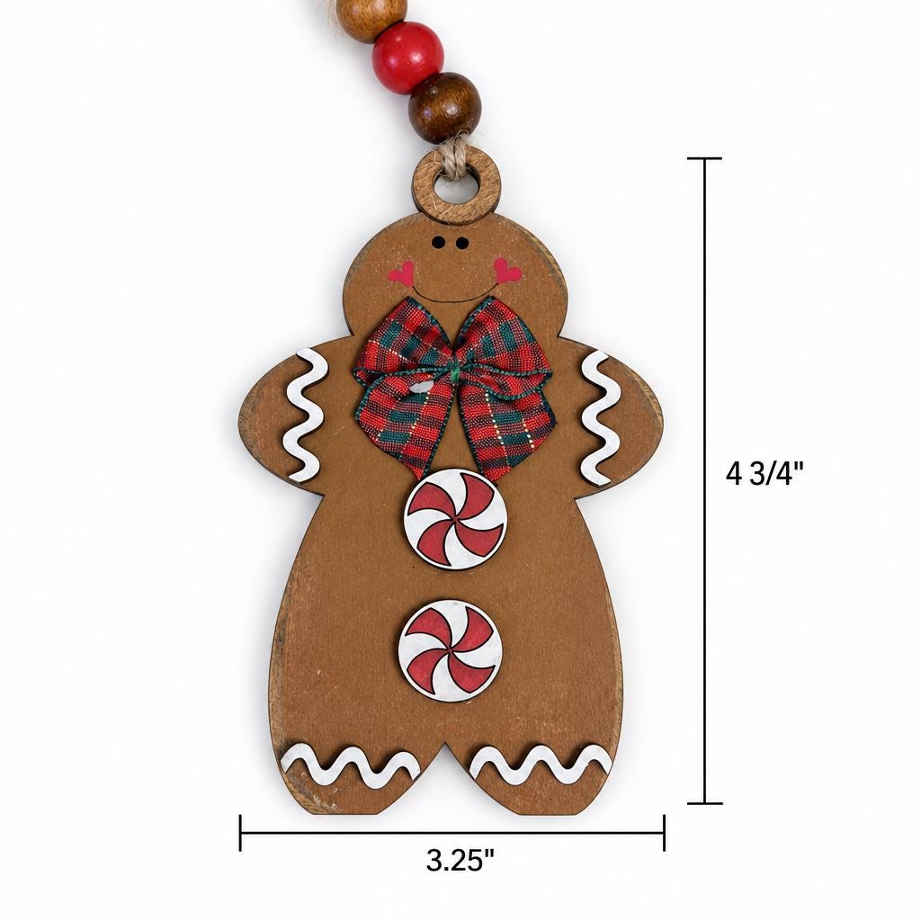 Gingerbread Man Christmas Ornament, Layered Wood Peppermint Gingerbread Ornament with Plaid Bow, Farmhouse Christmas Tree Decor