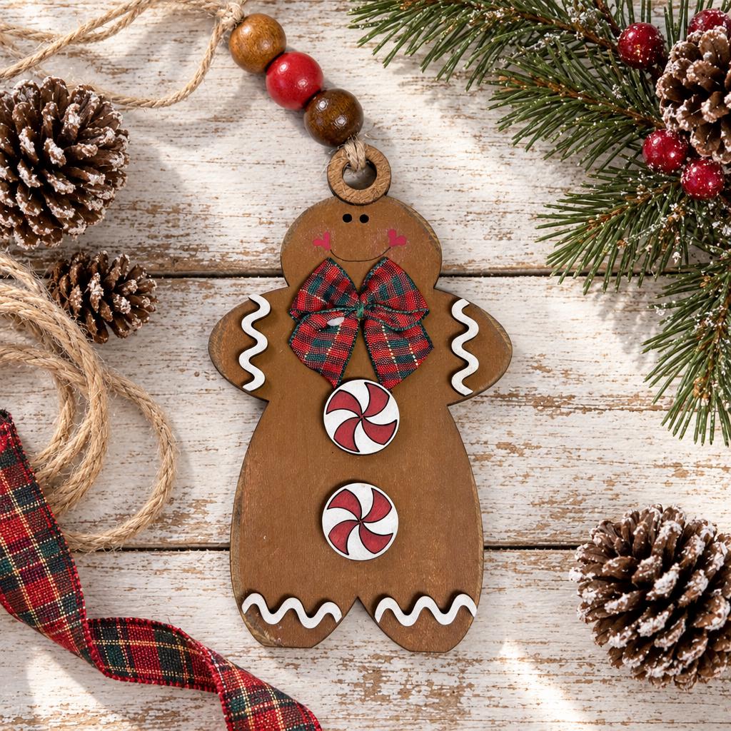 Gingerbread Man Christmas Ornament, Layered Wood Peppermint Gingerbread Ornament with Plaid Bow, Farmhouse Christmas Tree Decor