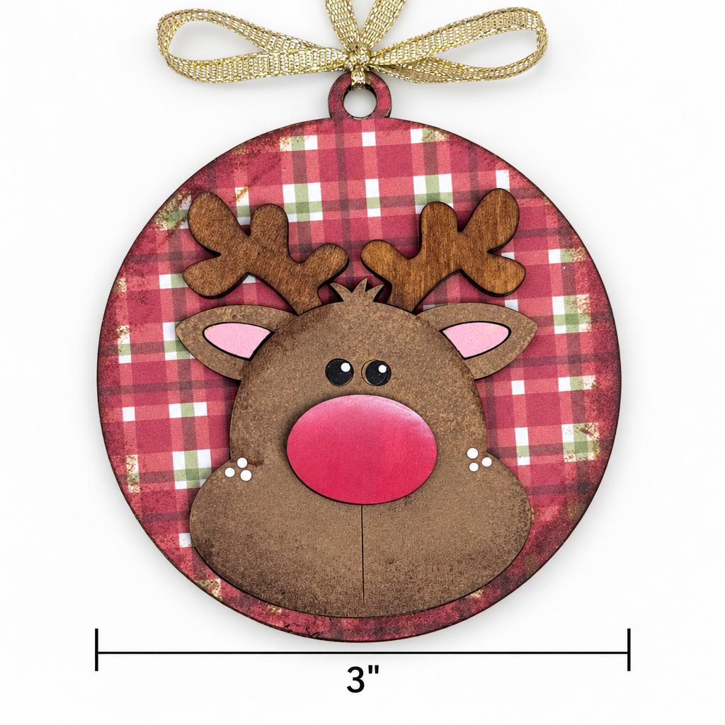 Rudolph Christmas Ornament, Red Nose Reindeer Ornament, 3 Inch Round Wood Plaid Ornament with Gold Ribbon, Rustic Farmhouse Tree Decor