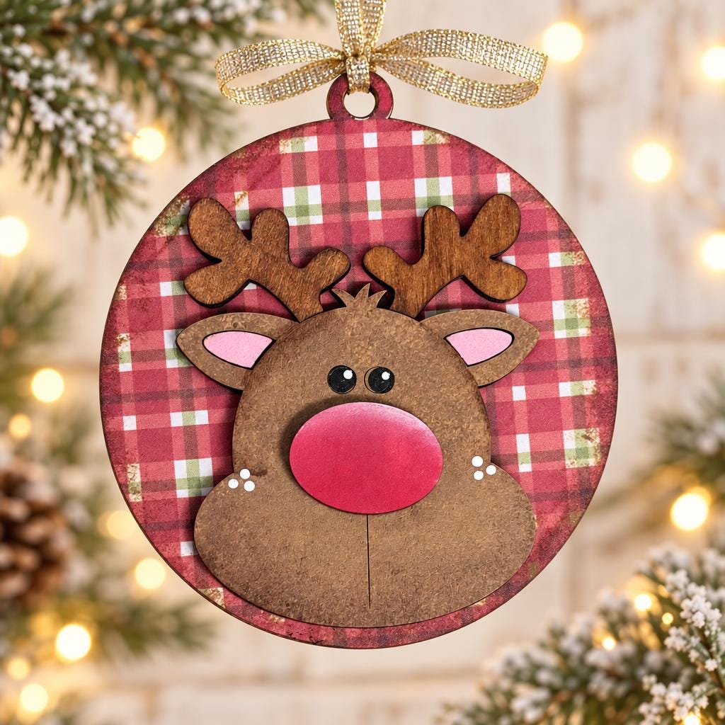 Rudolph Christmas Ornament, Red Nose Reindeer Ornament, 3 Inch Round Wood Plaid Ornament with Gold Ribbon, Rustic Farmhouse Tree Decor