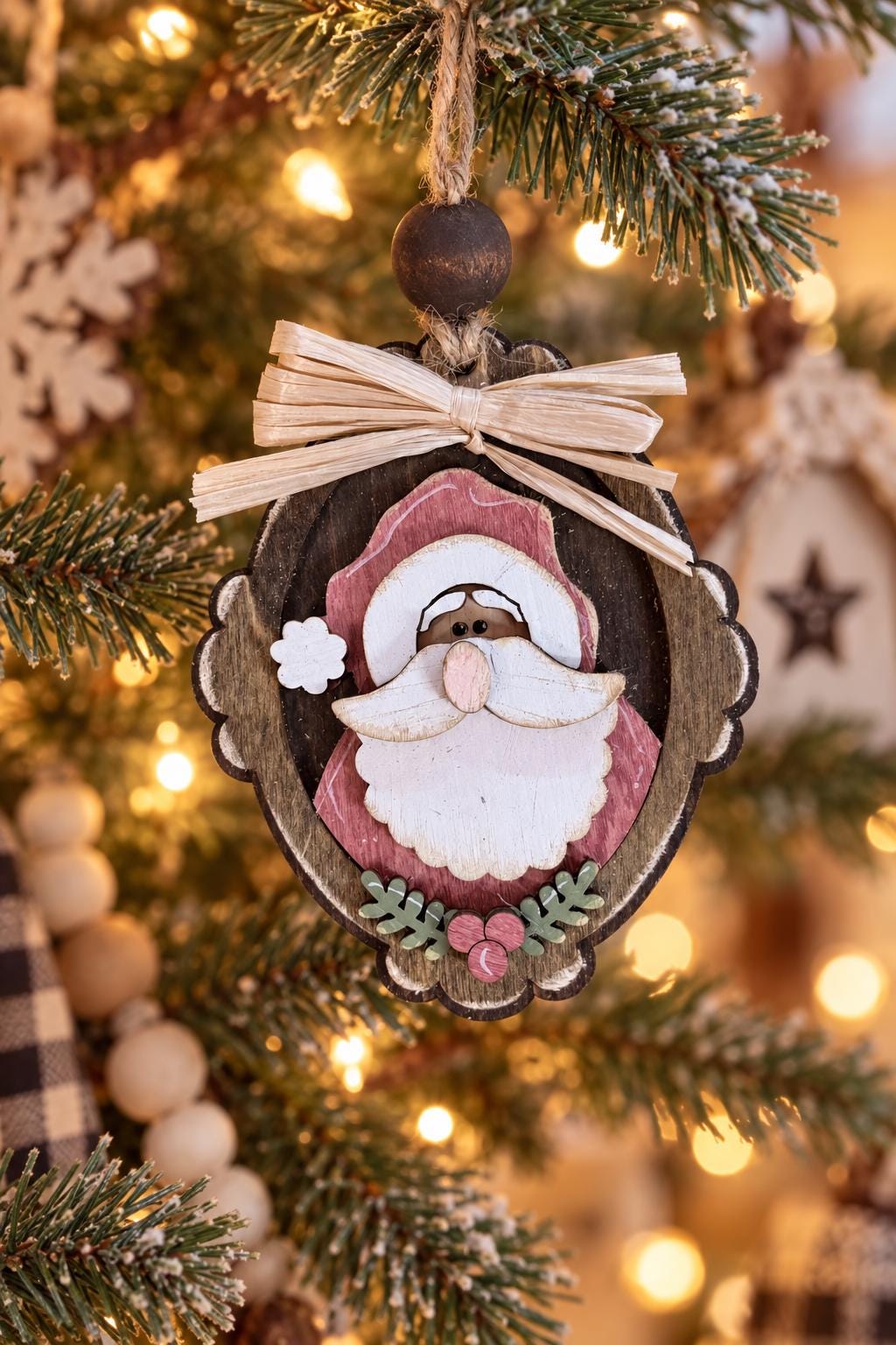 Santa Claus Christmas Ornament, Layered Wood Santa Cameo Ornament, Hand Painted Oval Santa, Farmhouse Christmas Tree Decor