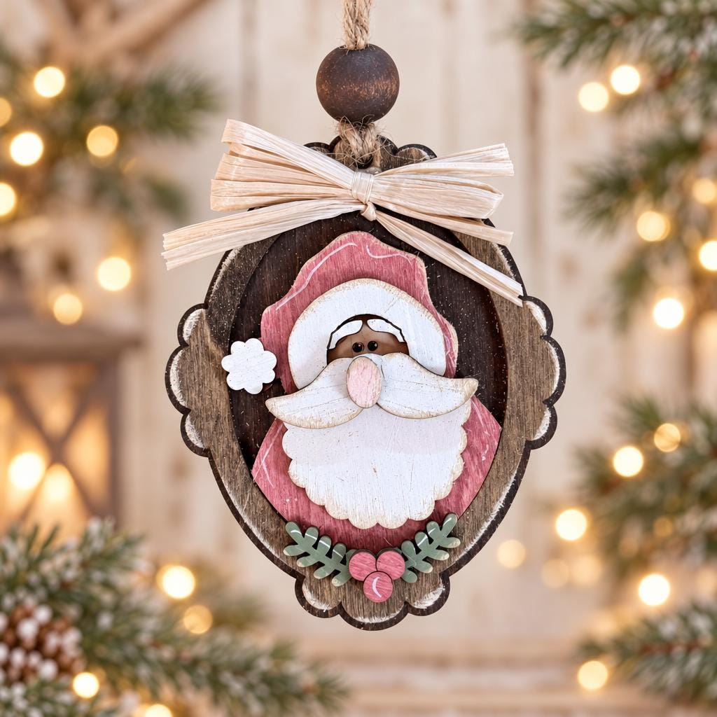 Santa Claus Christmas Ornament, Layered Wood Santa Cameo Ornament, Hand Painted Oval Santa, Farmhouse Christmas Tree Decor