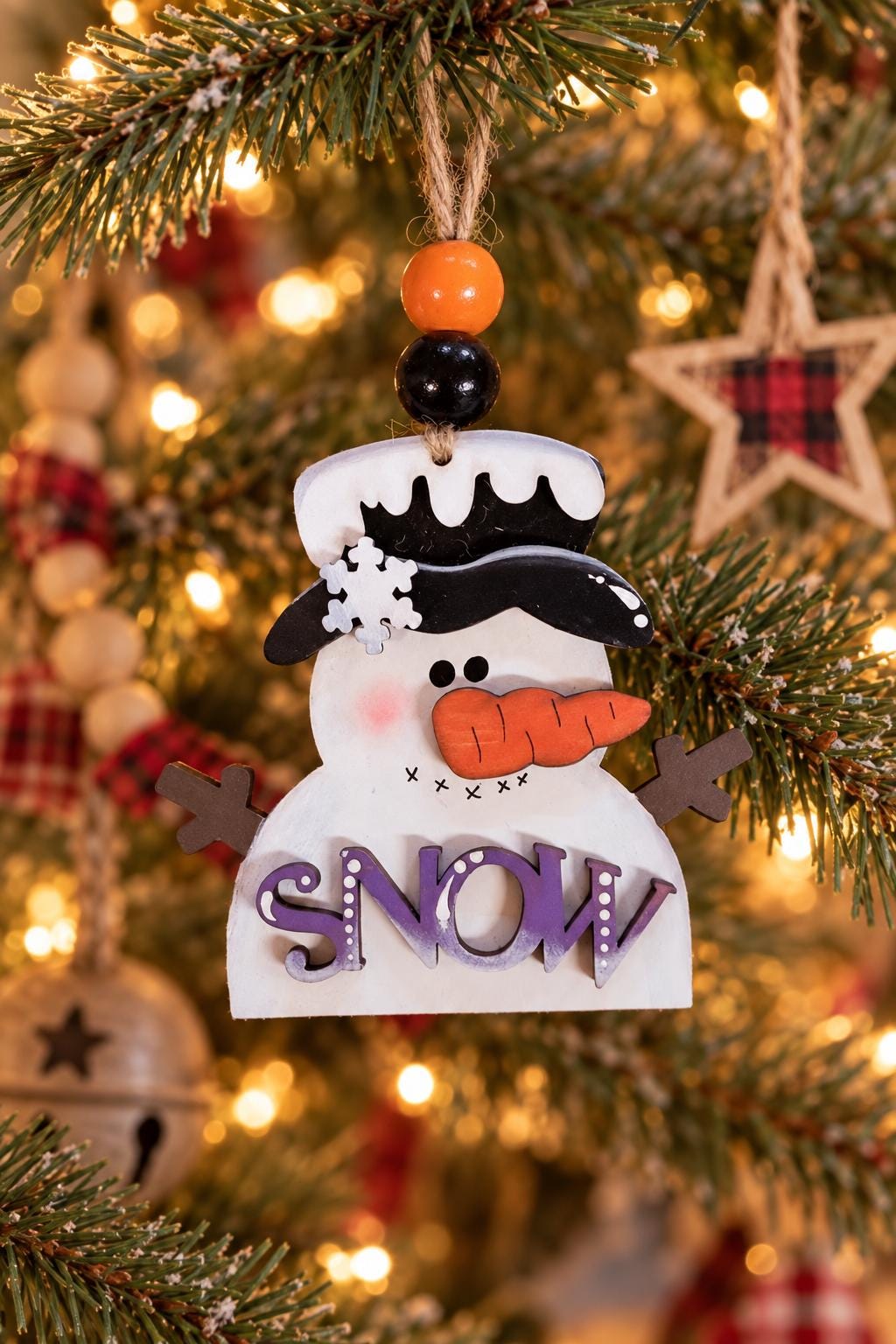 Snowman Christmas Ornament, SNOW Layered Wood Snowman Ornament, Hand Painted Snowman with Top Hat, Whimsical Winter Tree Decor