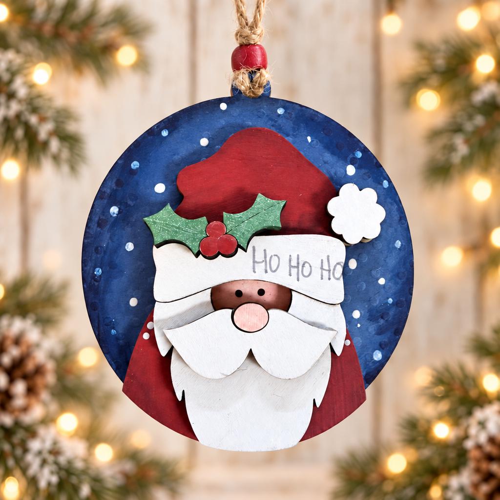 Santa Ornament, Ho Ho Ho Layered Wood Santa Christmas Ornament, Hand Painted Round Santa with Holly, Rustic Farmhouse Tree Decor