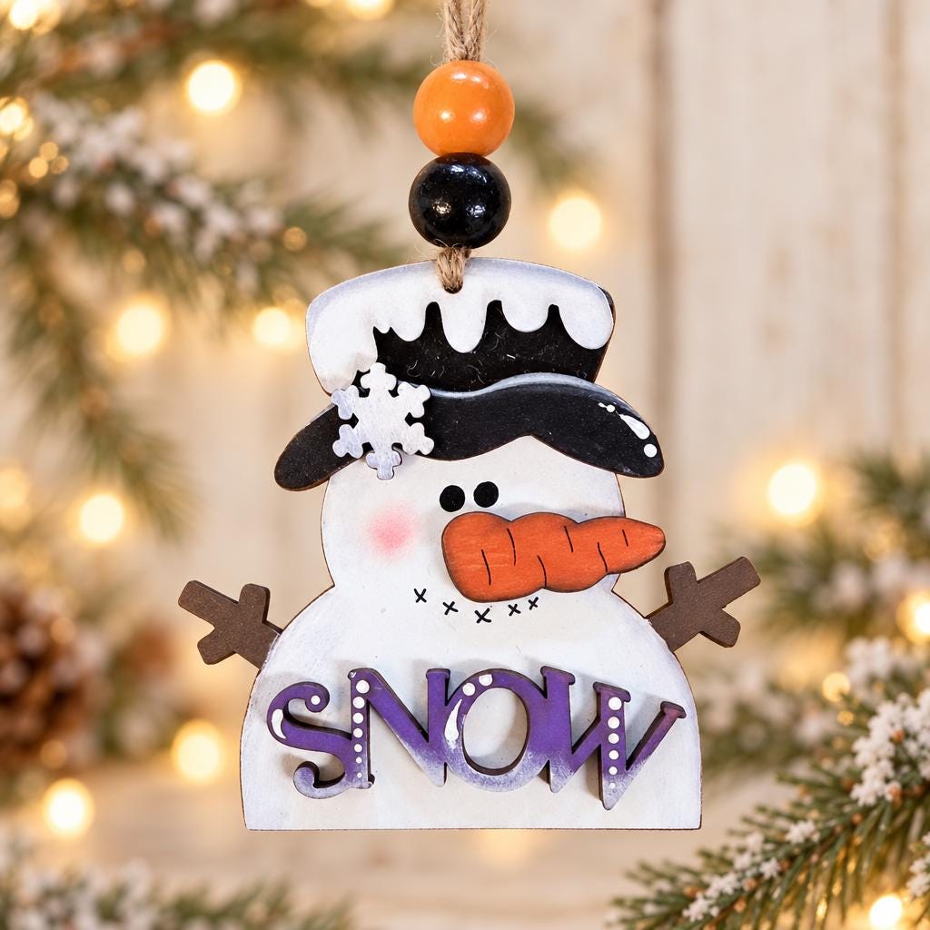 Snowman Christmas Ornament, SNOW Layered Wood Snowman Ornament, Hand Painted Snowman with Top Hat, Whimsical Winter Tree Decor