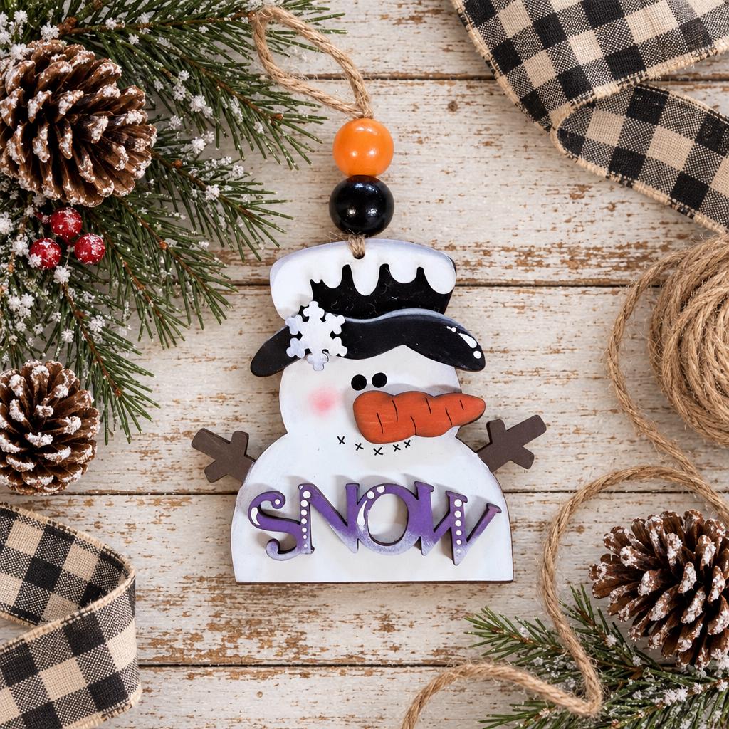 Snowman Christmas Ornament, SNOW Layered Wood Snowman Ornament, Hand Painted Snowman with Top Hat, Whimsical Winter Tree Decor