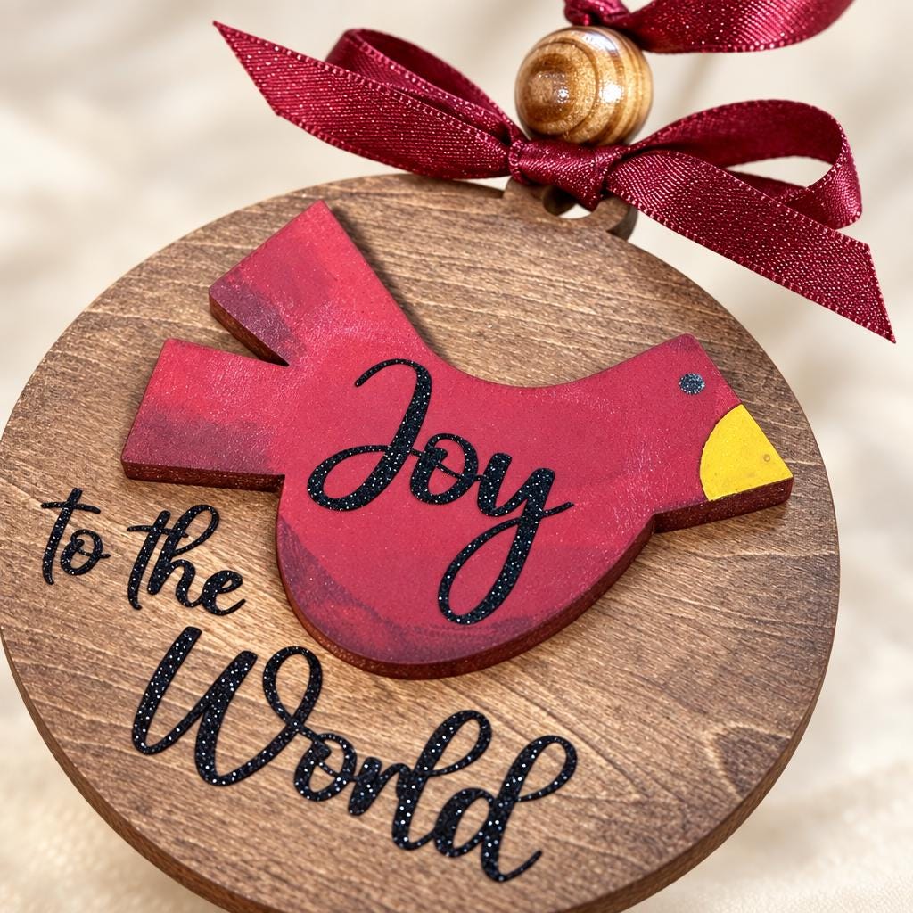 Cardinal Christmas Ornament, Joy to the World Wood Ornament, Layered Red Cardinal on Stained Round, Rustic Farmhouse Tree Decor
