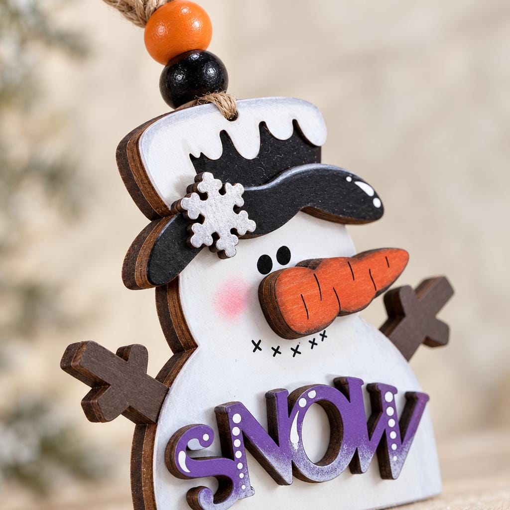 Snowman Christmas Ornament, SNOW Layered Wood Snowman Ornament, Hand Painted Snowman with Top Hat, Whimsical Winter Tree Decor