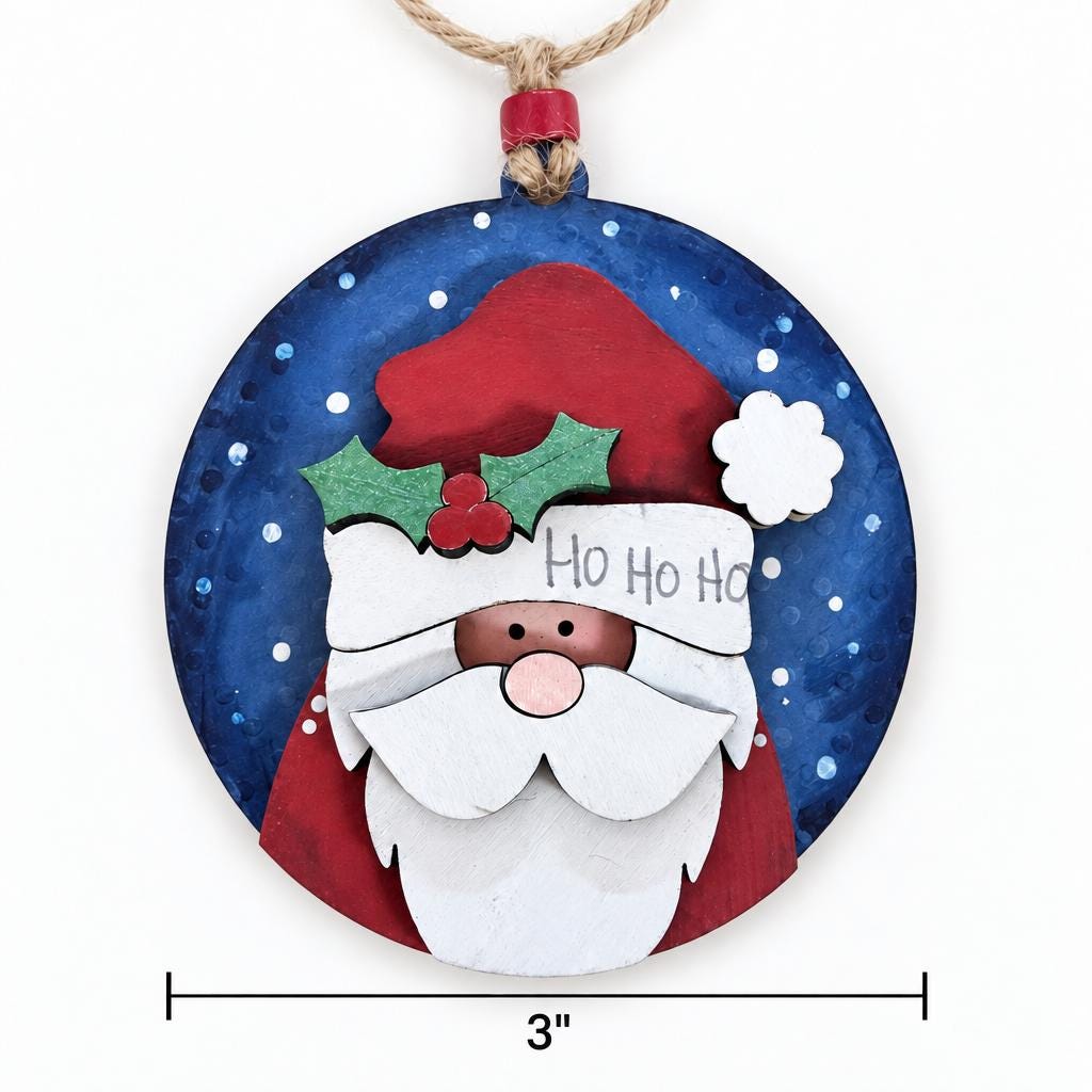 Santa Ornament, Ho Ho Ho Layered Wood Santa Christmas Ornament, Hand Painted Round Santa with Holly, Rustic Farmhouse Tree Decor