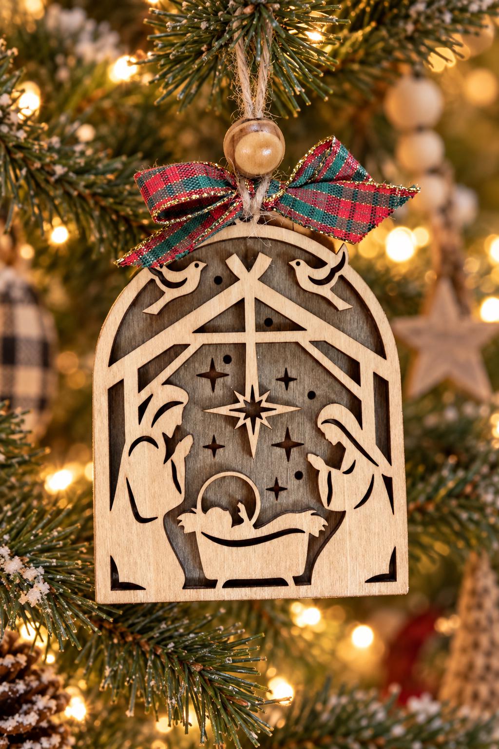 Arch Nativity Ornament, Layered Wood Holy Family Manger Scene with Doves and Star, Religious Christian Christmas Tree Decor