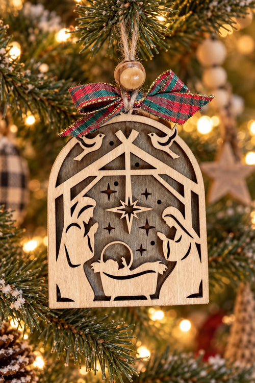 Arch Nativity Ornament, Layered Wood Holy Family Manger Scene with Doves and Star, Religious Christian Christmas Tree Decor