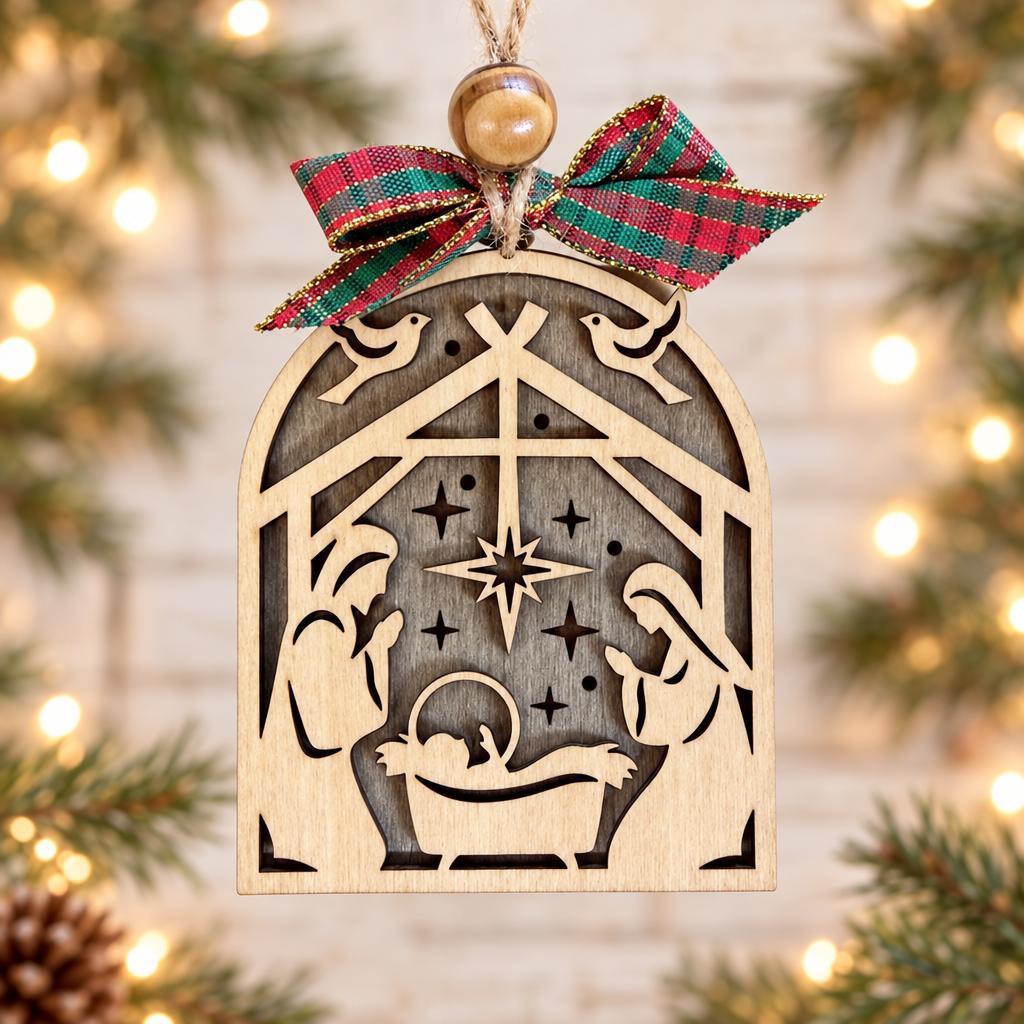 Arch Nativity Ornament, Layered Wood Holy Family Manger Scene with Doves and Star, Religious Christian Christmas Tree Decor