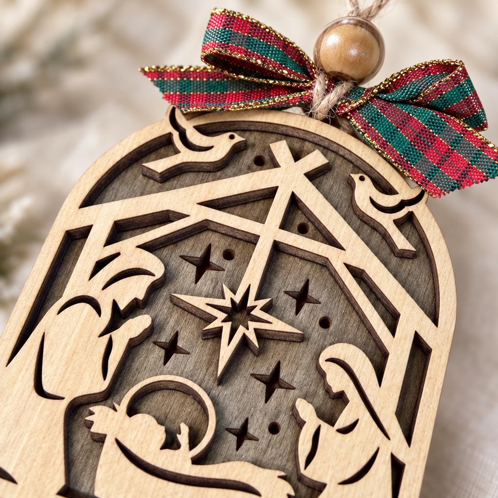 Arch Nativity Ornament, Layered Wood Holy Family Manger Scene with Doves and Star, Religious Christian Christmas Tree Decor